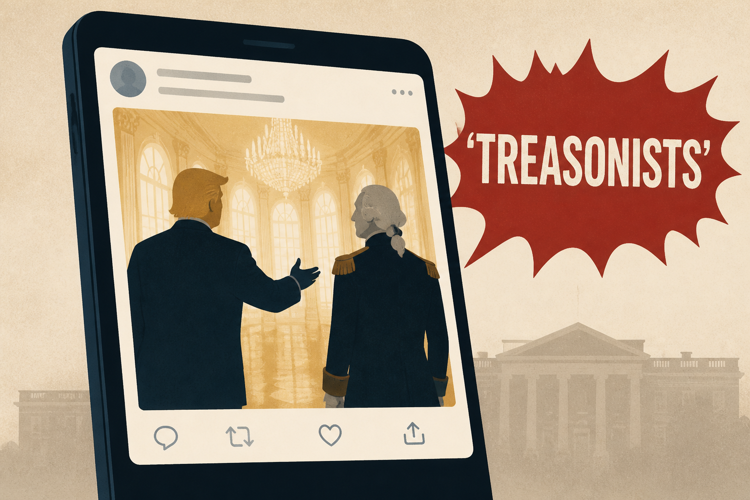 Trump Blasts ‘TREASONISTS’ Behind Ballroom Case-Shares AI Post Of Him Giving George Washington A Tour