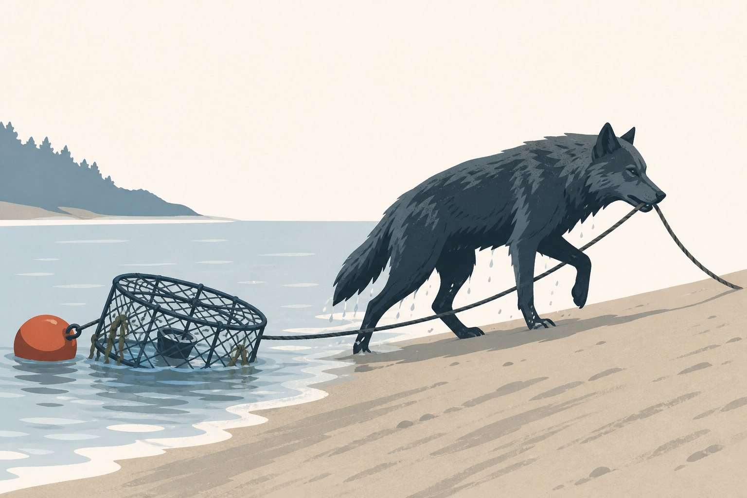 A trail camera in British Columbia recorded a wild wolf swimming out to a buoy and hauling a fully submerged crab trap up the beach by its rope, then working the bait cup open — three minutes of foota