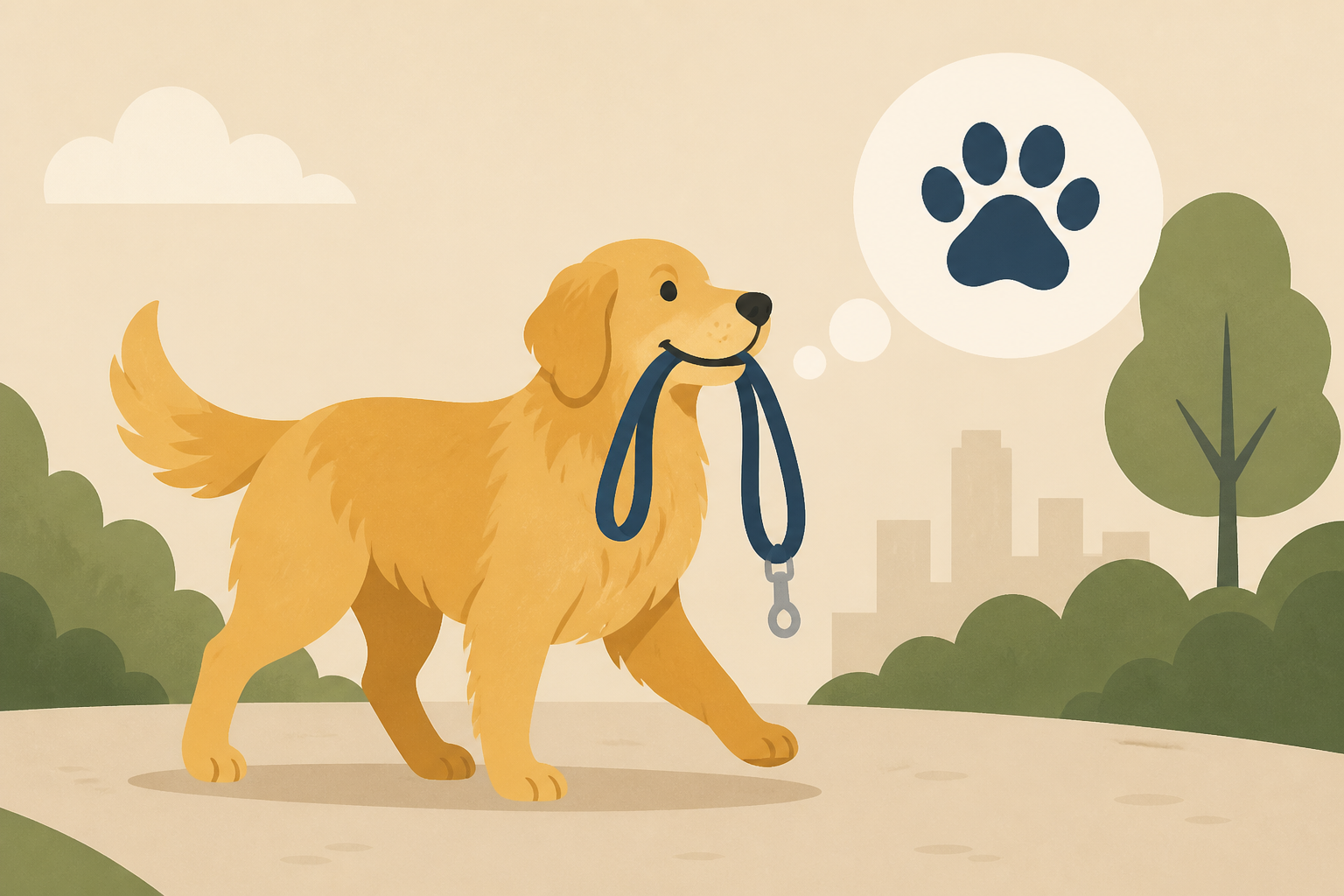 Golden Retriever Walks Herself Around With Her Leash Looking for Pets