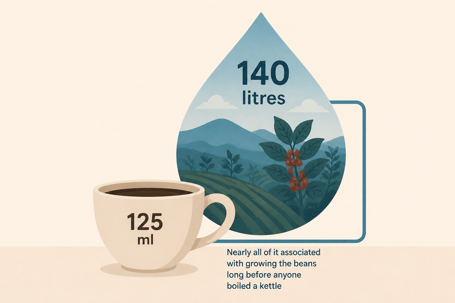 The water in your cup of coffee is about 125 millilitres, but the water behind it is closer to 140 litres - nearly all of it associated with growing the beans long before anyone boiled a kettle