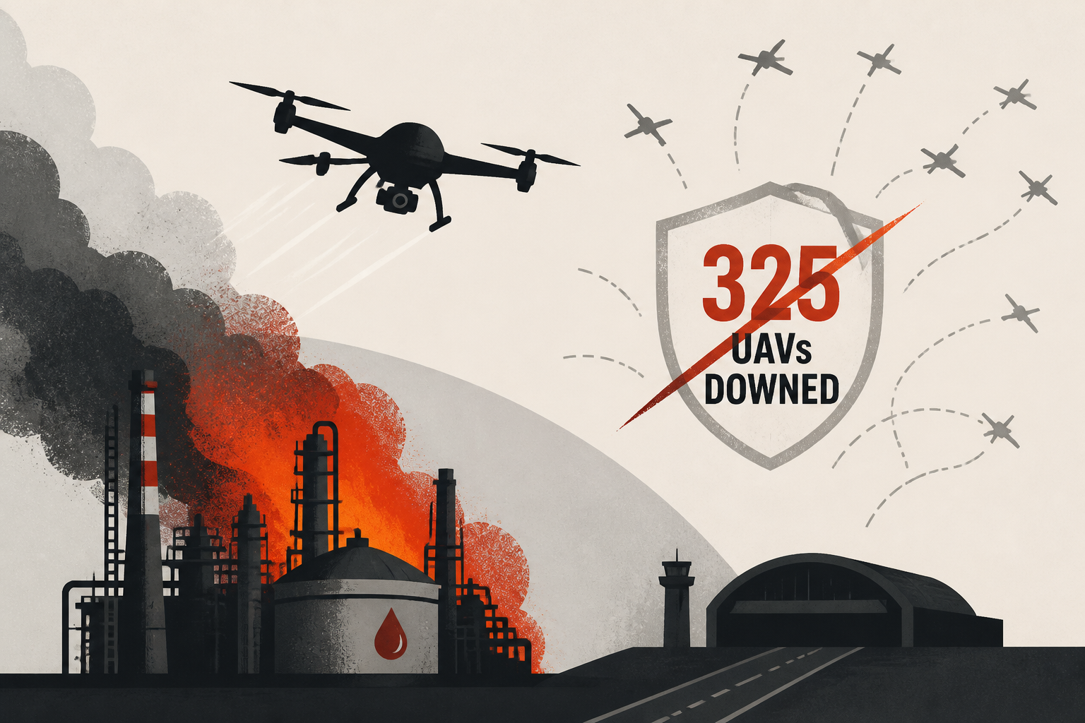 Ukrainian Drones Hit Major Lukoil Refinery, Military Airfield as Russia Claims 325 UAVs Downed