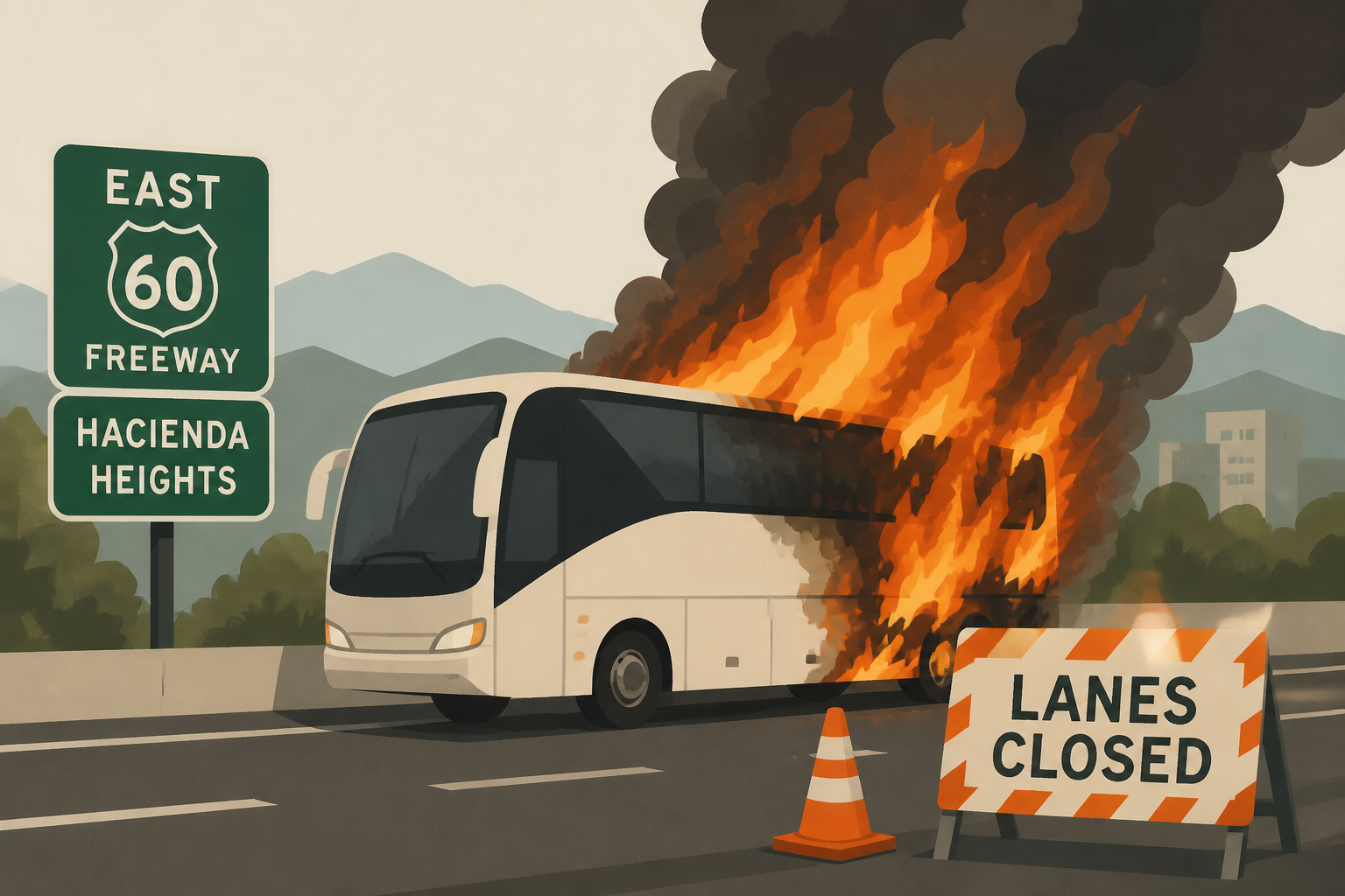 1 killed after fire engulfs tour bus on 60 Freeway in Hacienda Heights; several EB lanes closed