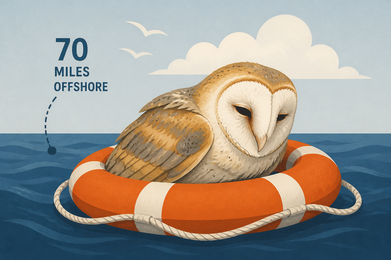 Crew Saves Worn-Out Barn Owl 70 Miles Off English Coast
