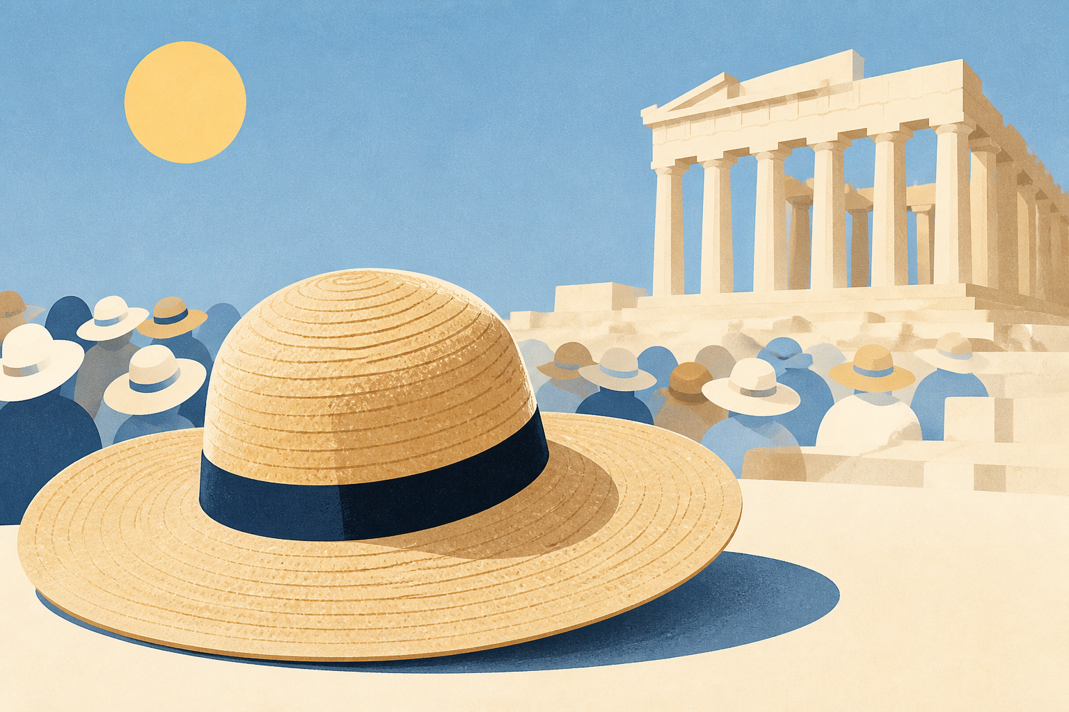 The sunhat is everywhere in Athens as crowds grow larger at ancient sites