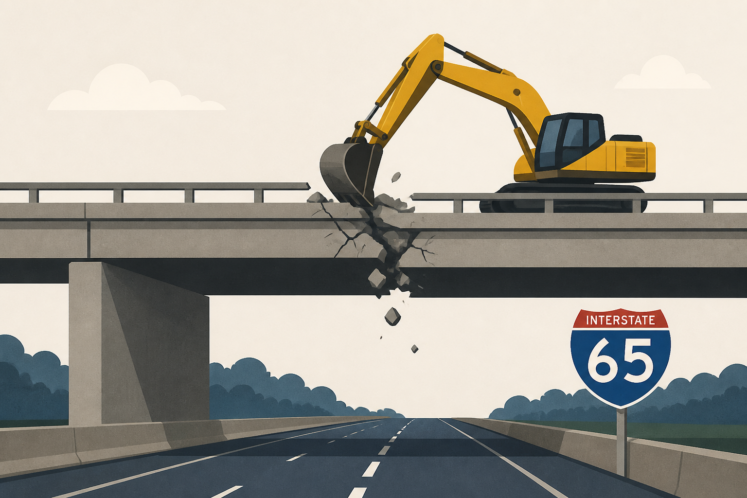 1 injured after construction equipment hits, damages bridge over I-65 in Shelby County