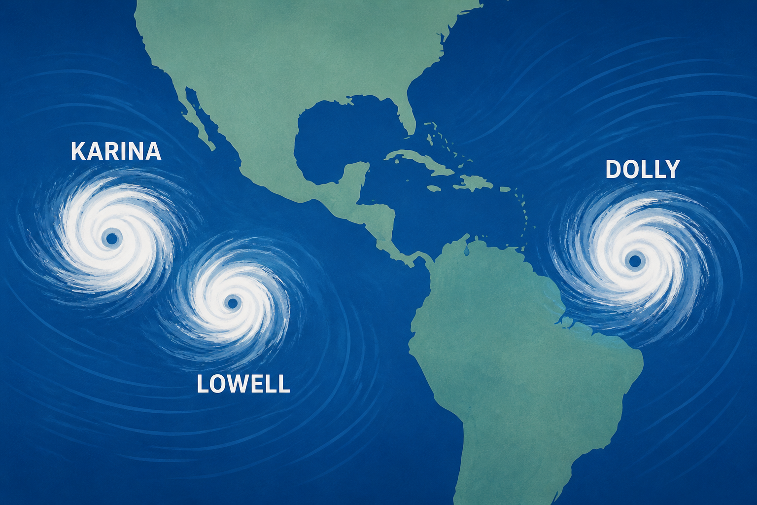 Tropical Storms Karina and Lowell form in the Pacific Ocean as Dolly churns in the Atlantic