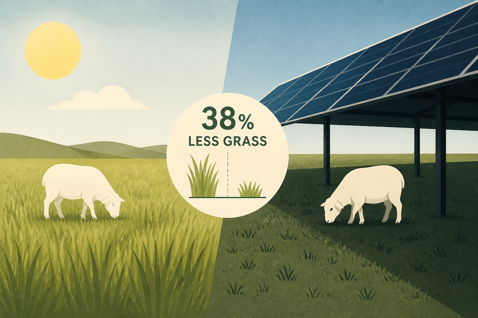 Lambs grazing under an Oregon solar farm had 38 percent less grass in front of them than lambs in the open field alongside, and they put on the same weight to the gram, because shade makes a pasture g