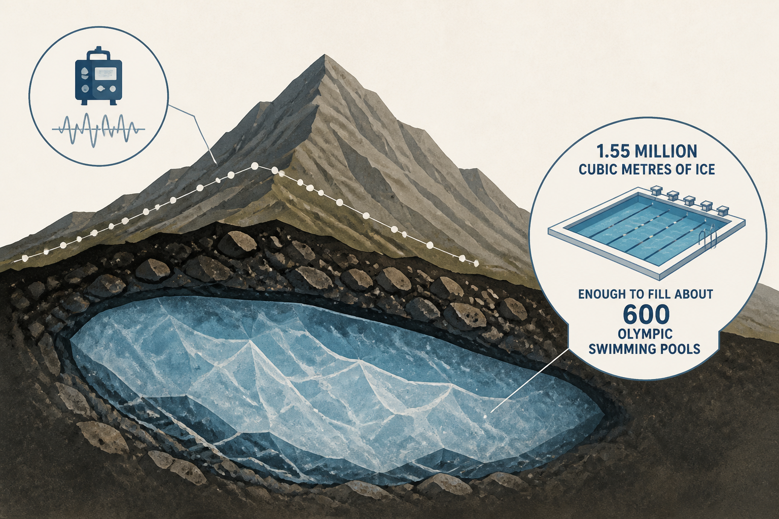 Scientists took 232 gravity readings across a Utah mountain and discovered 1.55 million cubic metres of ice hidden beneath loose rock, enough frozen water to fill about 600 Olympic swimming pools