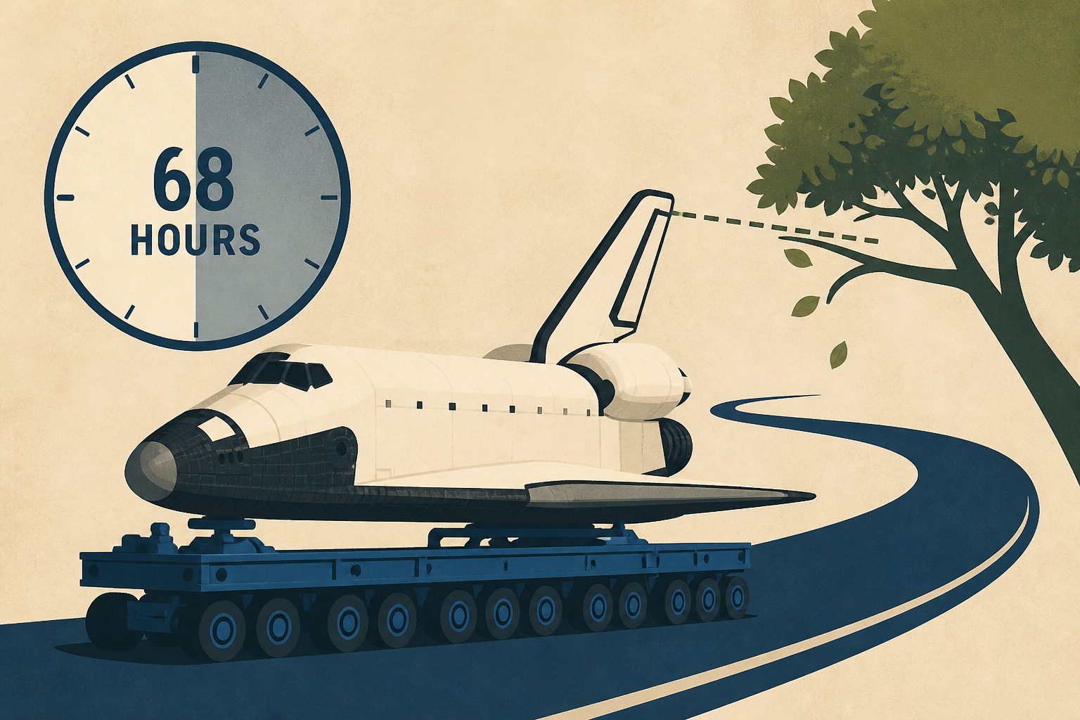 Space shuttle Endeavour weighed roughly 170,000 pounds, yet its final 12-mile journey through Los Angeles took 68 hours at no more than 2 mph—crews repeatedly stopped to trim trees and squeeze its 78-