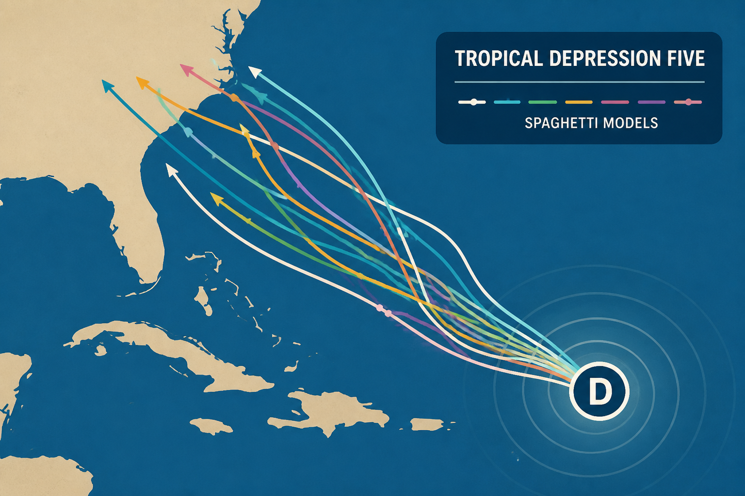 Tracking Tropical Depression Five: Maps, spaghetti models