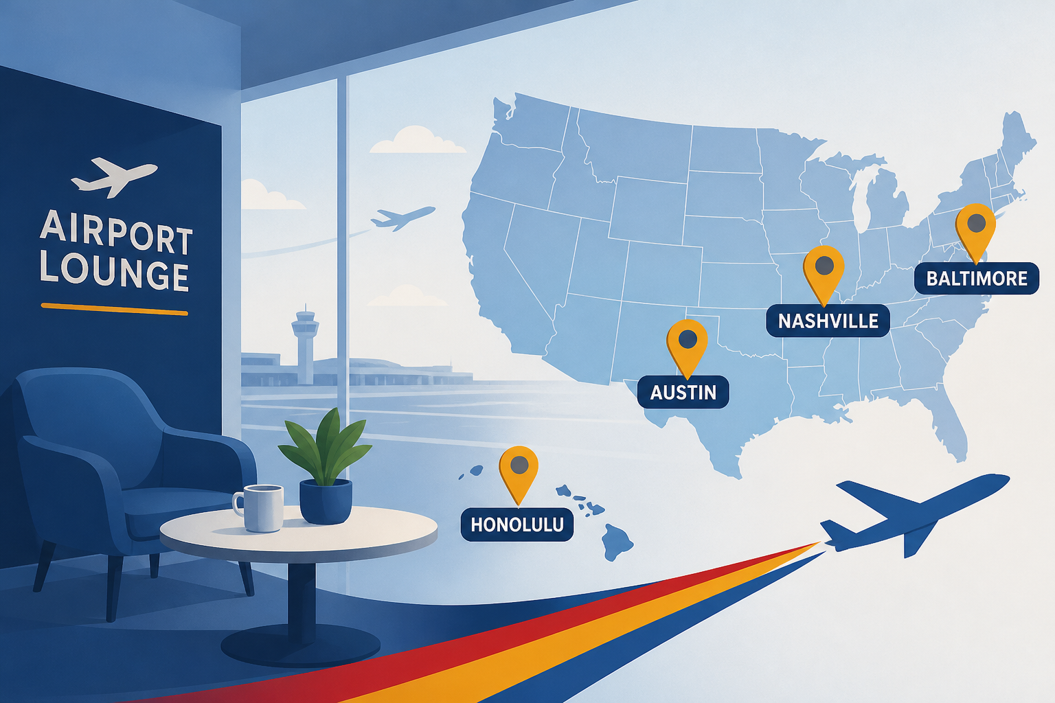 Southwest Airlines airport lounges coming to Austin, Nashville, Baltimore, Honolulu