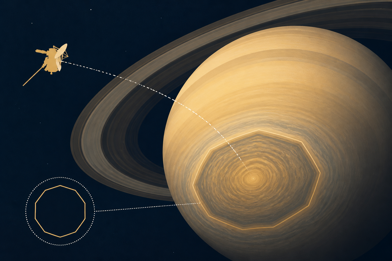 NASA's Cassini spacecraft circled Saturn for 13 years and never saw a shape at the south pole, but when the planet's slow seasons tilted that pole back toward Earth, a giant ten-sided figure was waiti