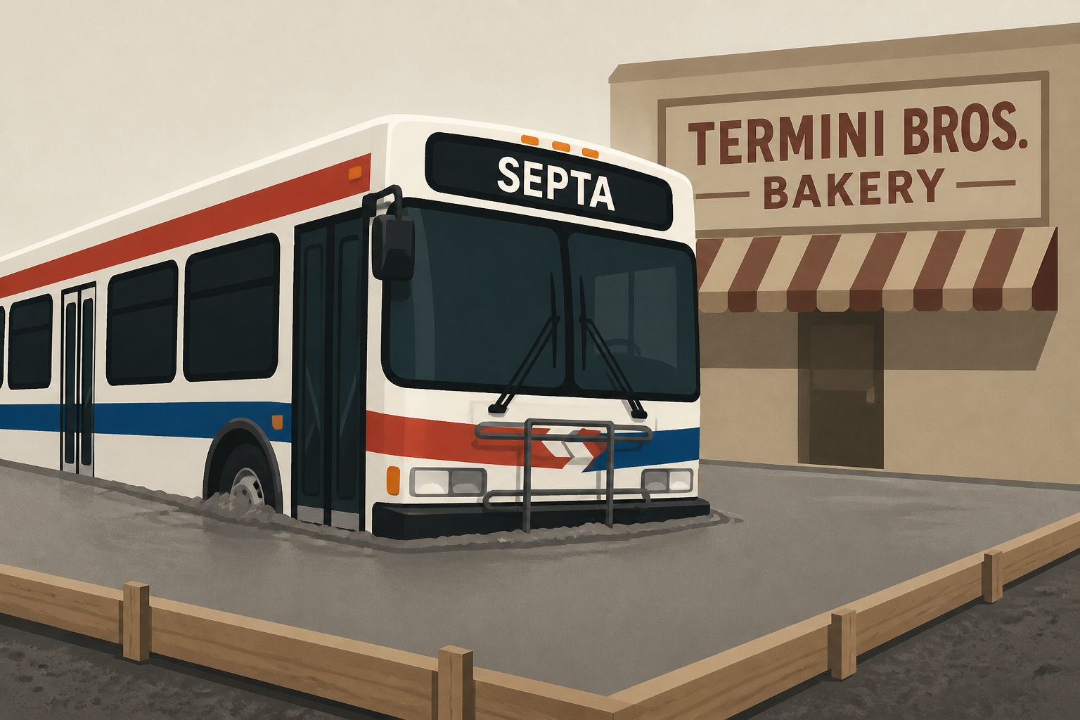SEPTA bus gets stuck in fresh concrete outside of Termini Bros. Bakery
