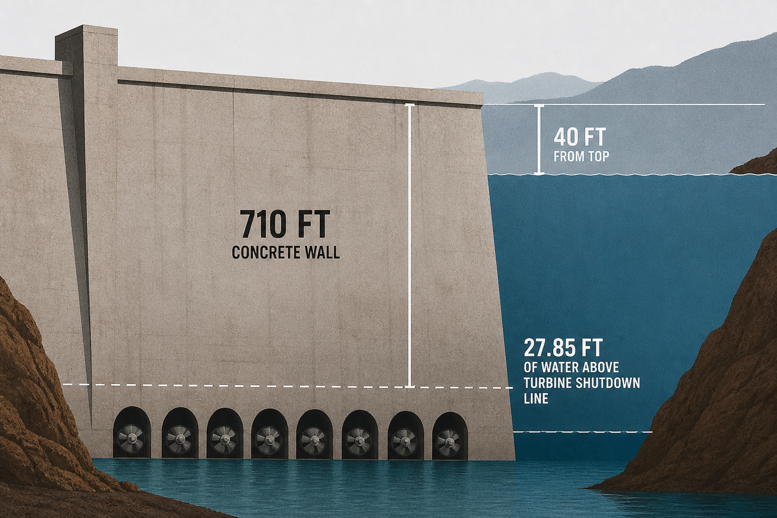 A 710-foot concrete wall on the Colorado River has 27.85 feet of water left above the line where its eight turbines shut down before vapor bubbles pit the steel. The lake behind it sits 40 feet from t