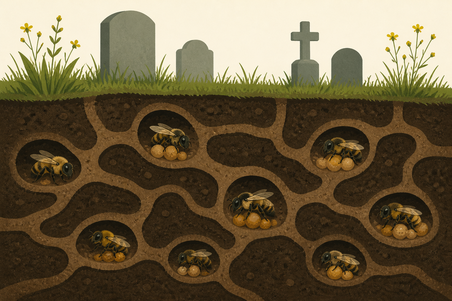 Scientists found an estimated 5.5 million wild bees living beneath a New York cemetery — millions of solitary insects packed into underground burrows across just 1.5 acres, creating one of the largest