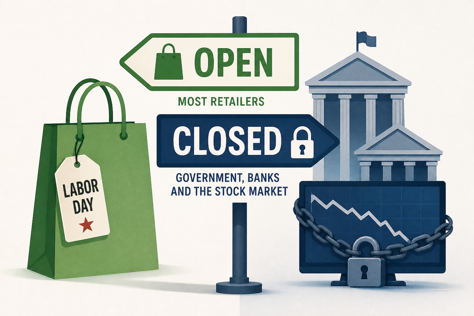 What's open on Labor Day? Most retailers. Closed? Government, banks and the stock market.