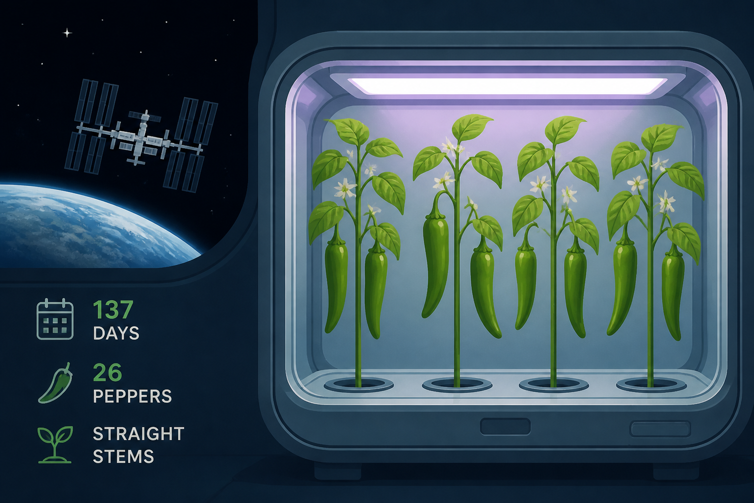 In 2021, NASA grew Hatch chile peppers aboard the ISS for 137 days; four plants in the Advanced Plant Habitat yielded 26 peppers, and the stems holding flower to fruit grew straight instead of curved