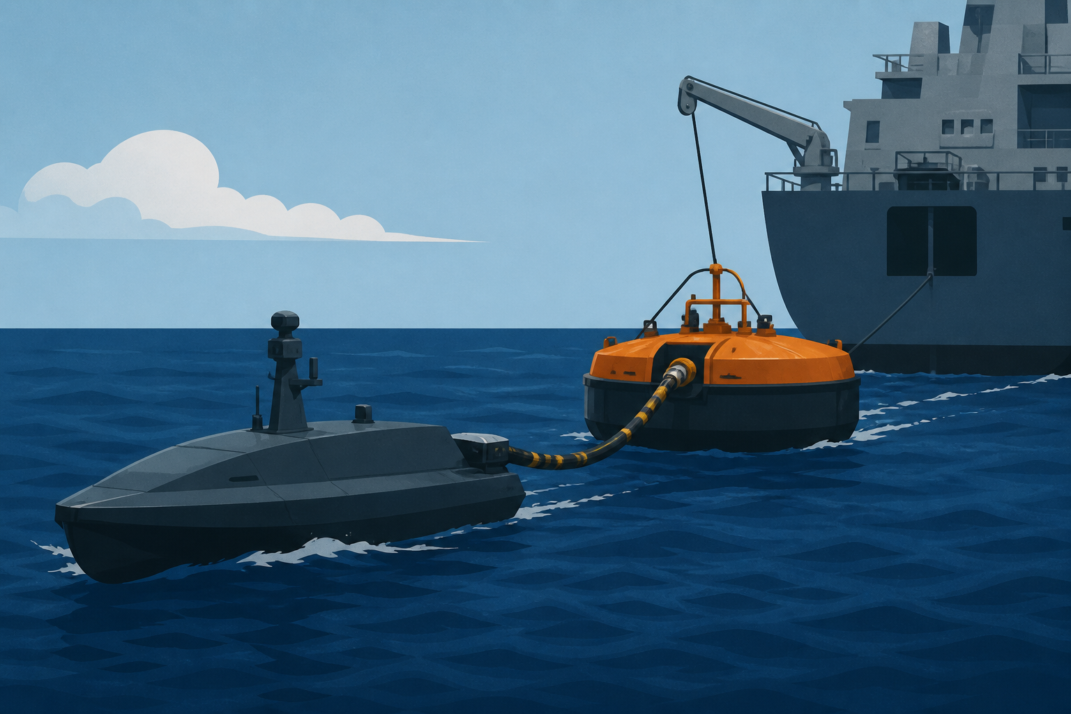 A 38-foot drone boat that once spent 192 hours alone at sea came up behind a float towed by a Navy ship off Virginia, pushed a fuel probe into it, took on 400 gallons over dozens of hookups and let go
