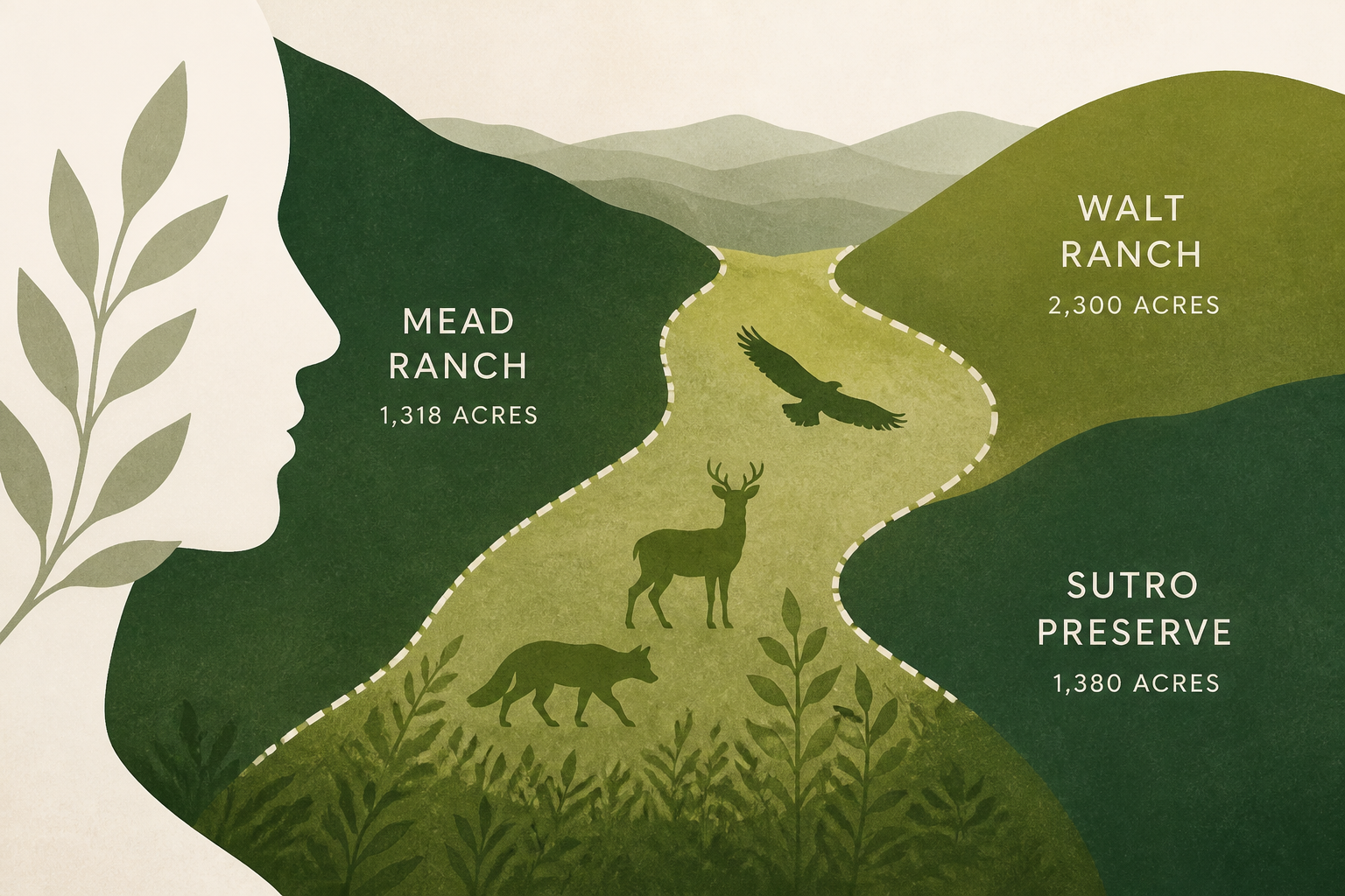 Through her estate, poet Jane Mead donated the 1,318-acre Mead Ranch above Napa Valley, knitting a wildlife corridor beside the 2,300-acre Walt Ranch and the 1,380-acre Sutro Preserve