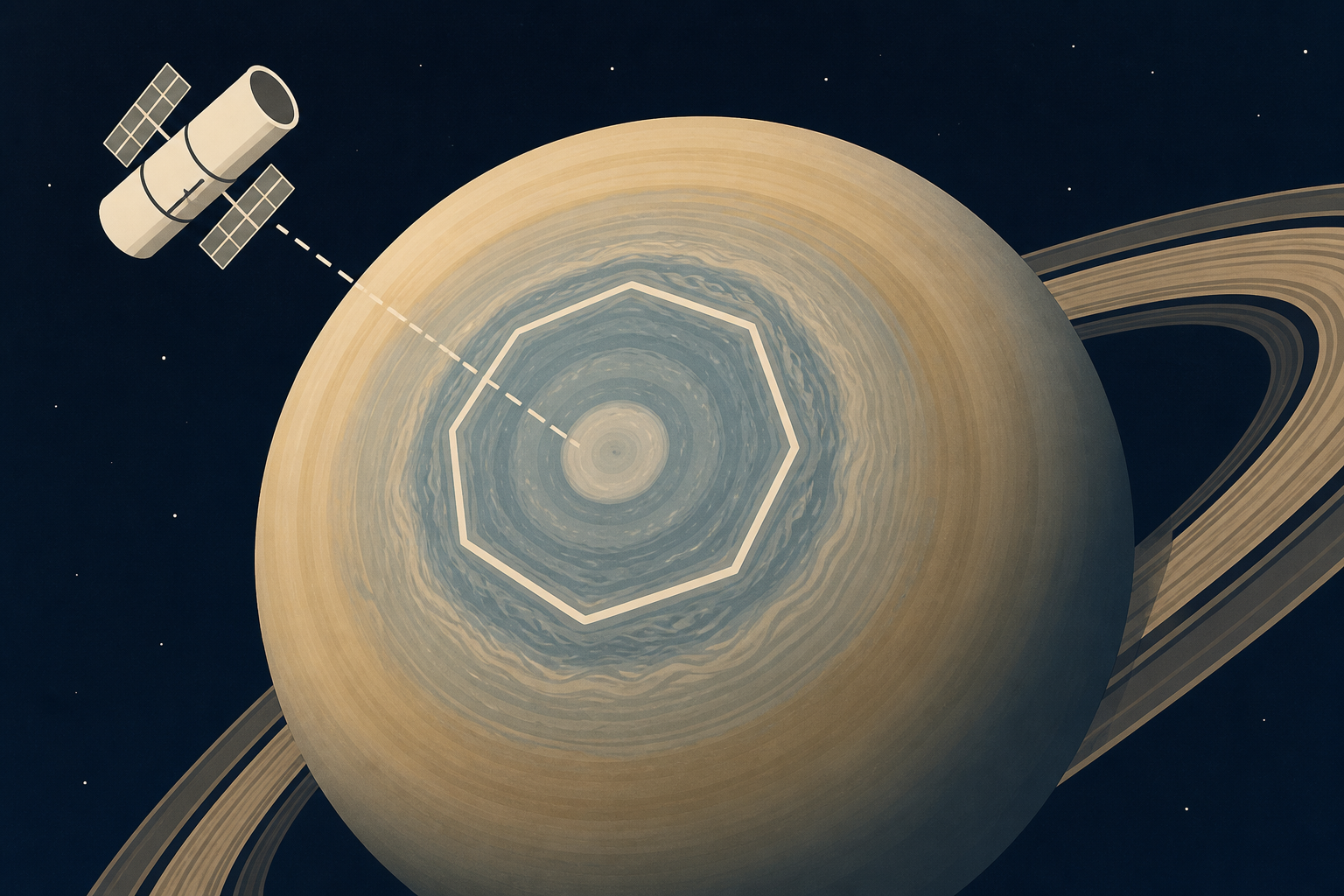 Astronomers using Hubble found a new roughly 104,000-mile-wide ten-sided storm forming at Saturn’s south pole, a geometric twin to the famous hexagon that has long circled the north