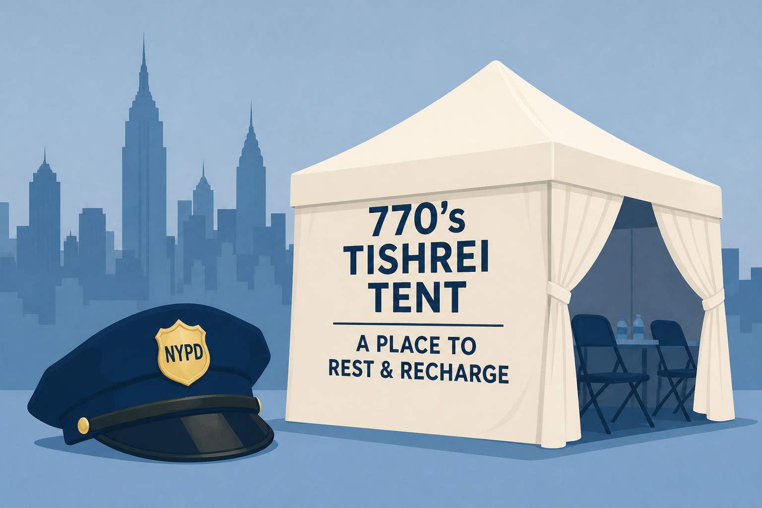 770’s Tishrei Tent Offers Respite to NYPD Officers on Parade Duty