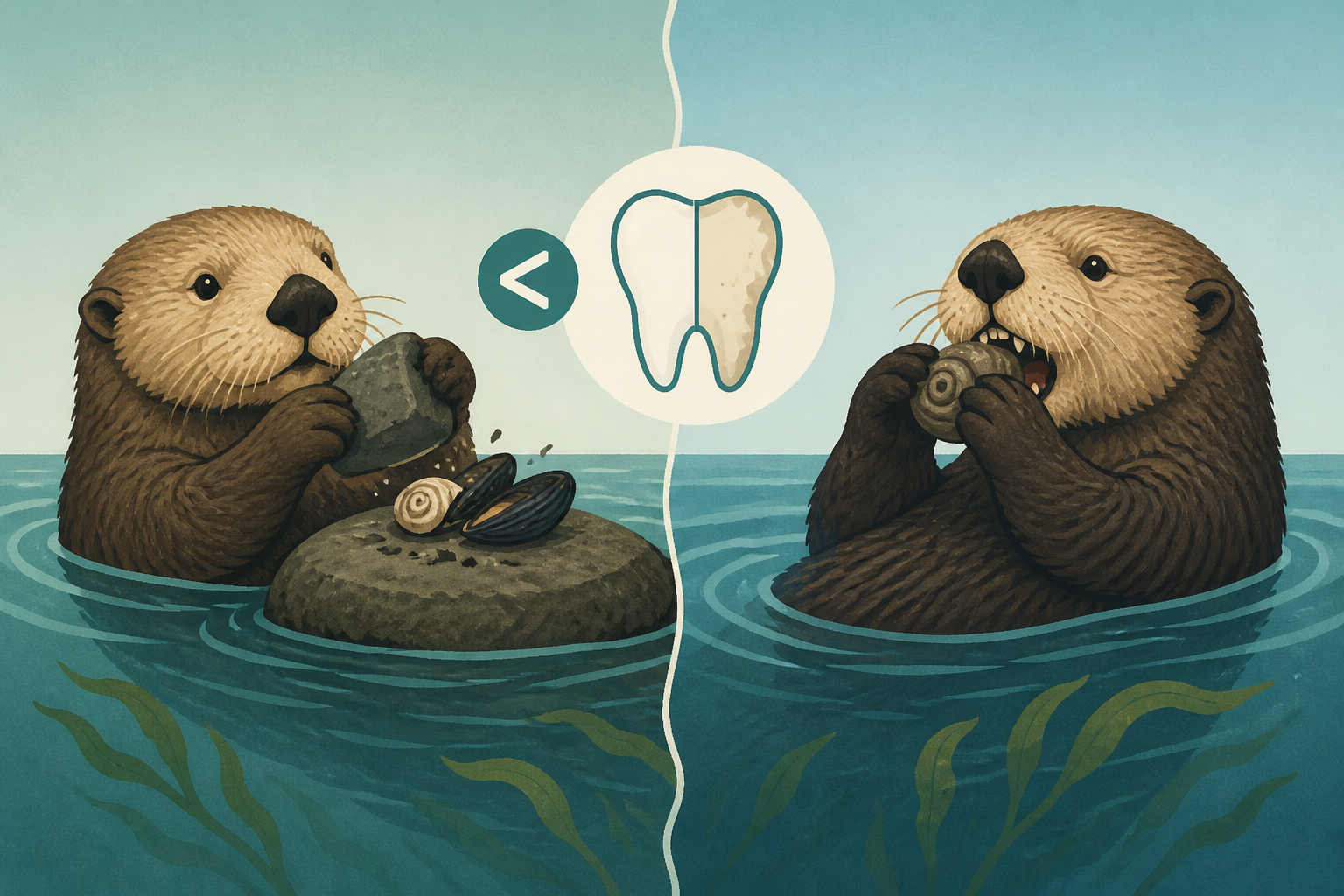 Sea otters along California's central coast that habitually use rocks to crack open snails and mussels show measurably less tooth damage than otters that bite prey directly, a difference biologists do