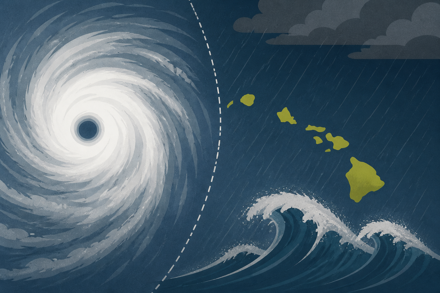Hurricane Lowell passing just west of Hawaii, bringing heavy rain, strong winds, punishing waves