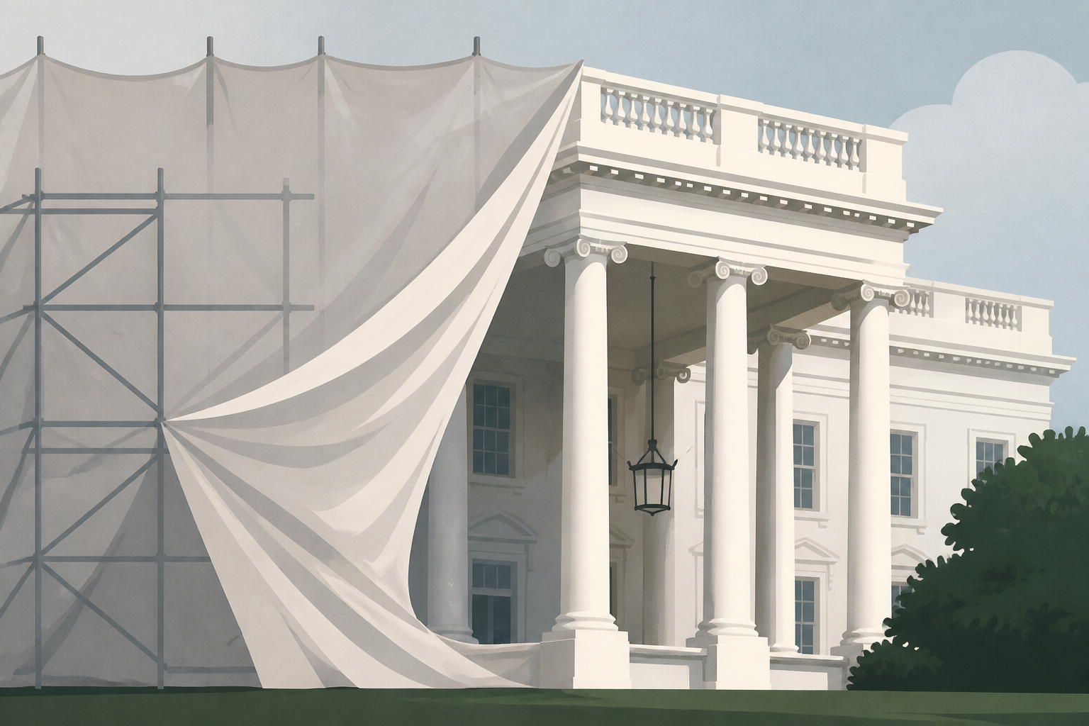 Shrouds and scaffolding being removed from White House North Portico