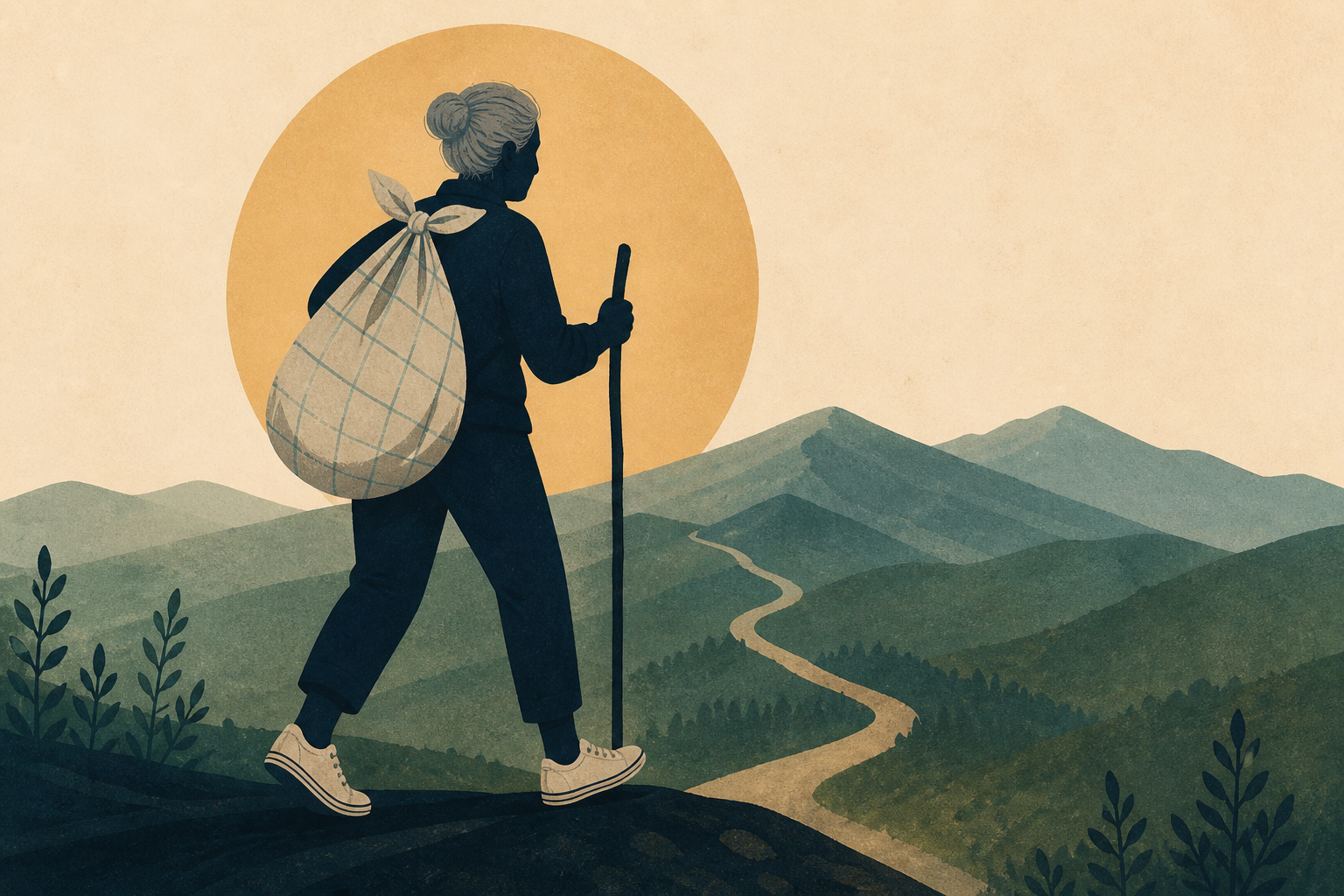 A 67-year-old told her eleven children she was "going for a hike", then hiked the Appalachian Trail alone in canvas sneakers, sleeping under a shower curtain with a 17-pound sack over one shoulder. Sh