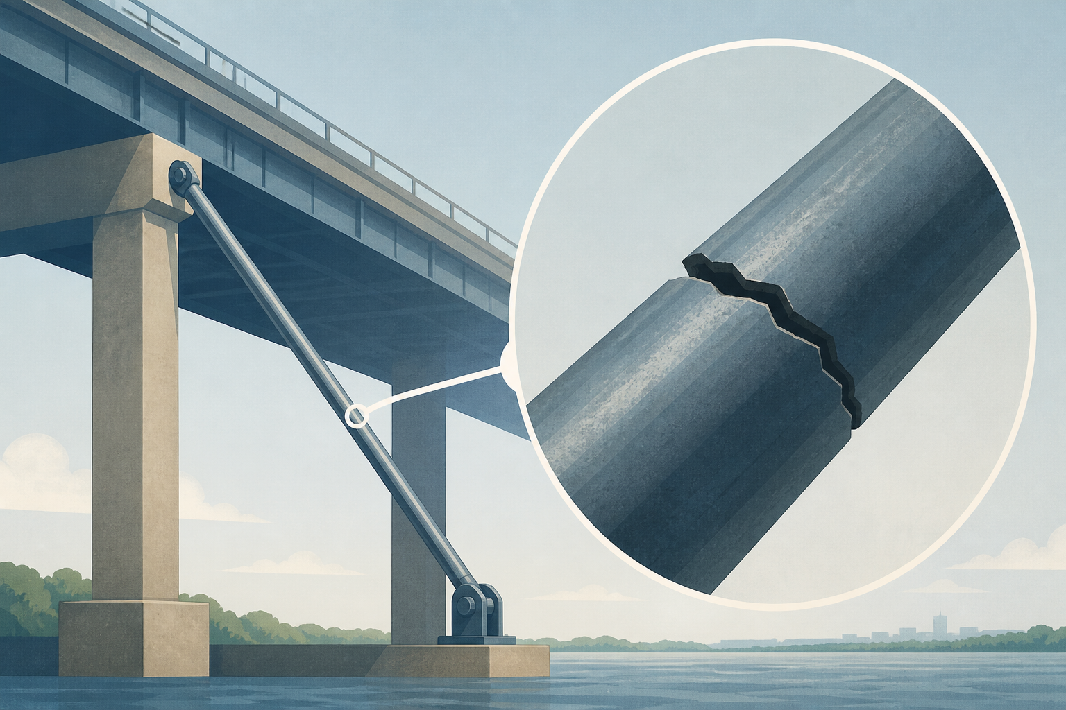 A steel tension tie holding up a 1973 bridge that carries Interstate 40 over the Mississippi was found split most of the way through, and traffic in both directions was stopped within hours on May 11,