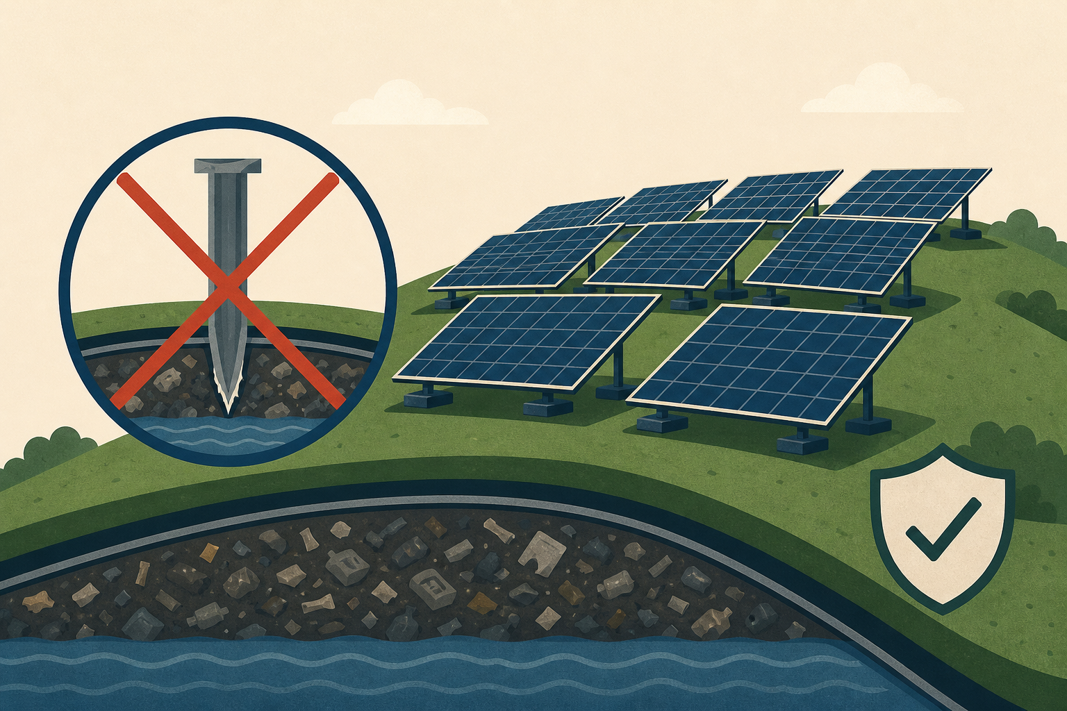 A Connecticut city stood 1,920 solar panels on a sealed garbage hill where no steel post can go in, because a driven pile would punch through the lid keeping decades of trash away from the water, so c