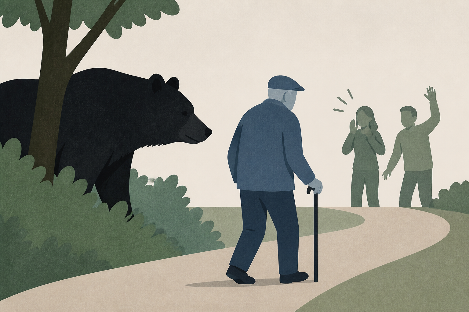 Viral video shows bystanders warning elderly man who has no clue he's being followed by a huge black bear