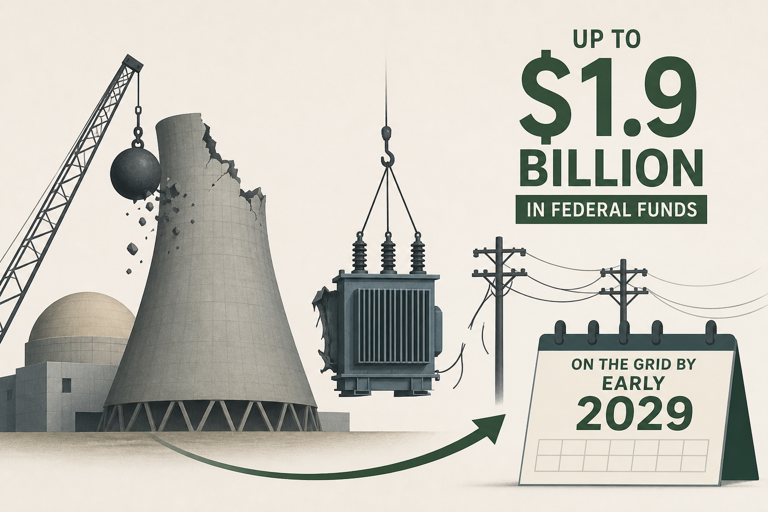 A 615-megawatt reactor lost its cooling towers, its transformer and its power lines to a teardown crew, so rebuilding all three to get it on the grid by early 2029 takes up to $1.9 billion in federal