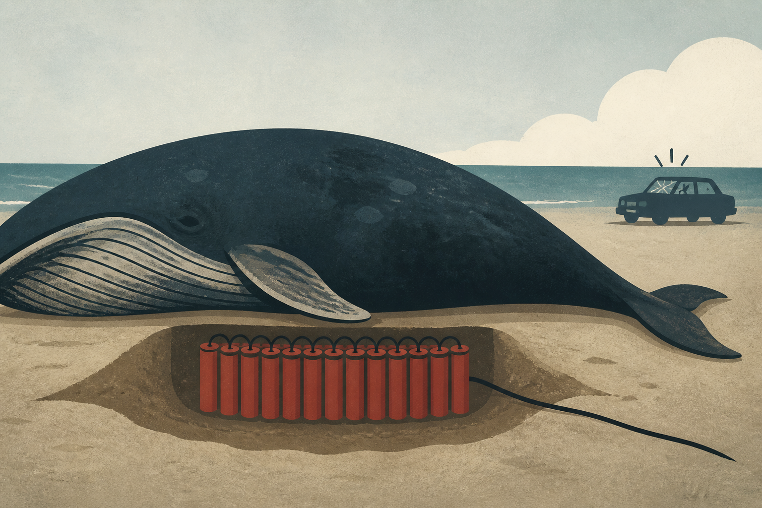 In 1970, Oregon highway crews packed half a ton of dynamite under a dead whale on a Florence beach, expecting the blast to send the pieces out to sea — falling blubber crushed a car a quarter mile awa