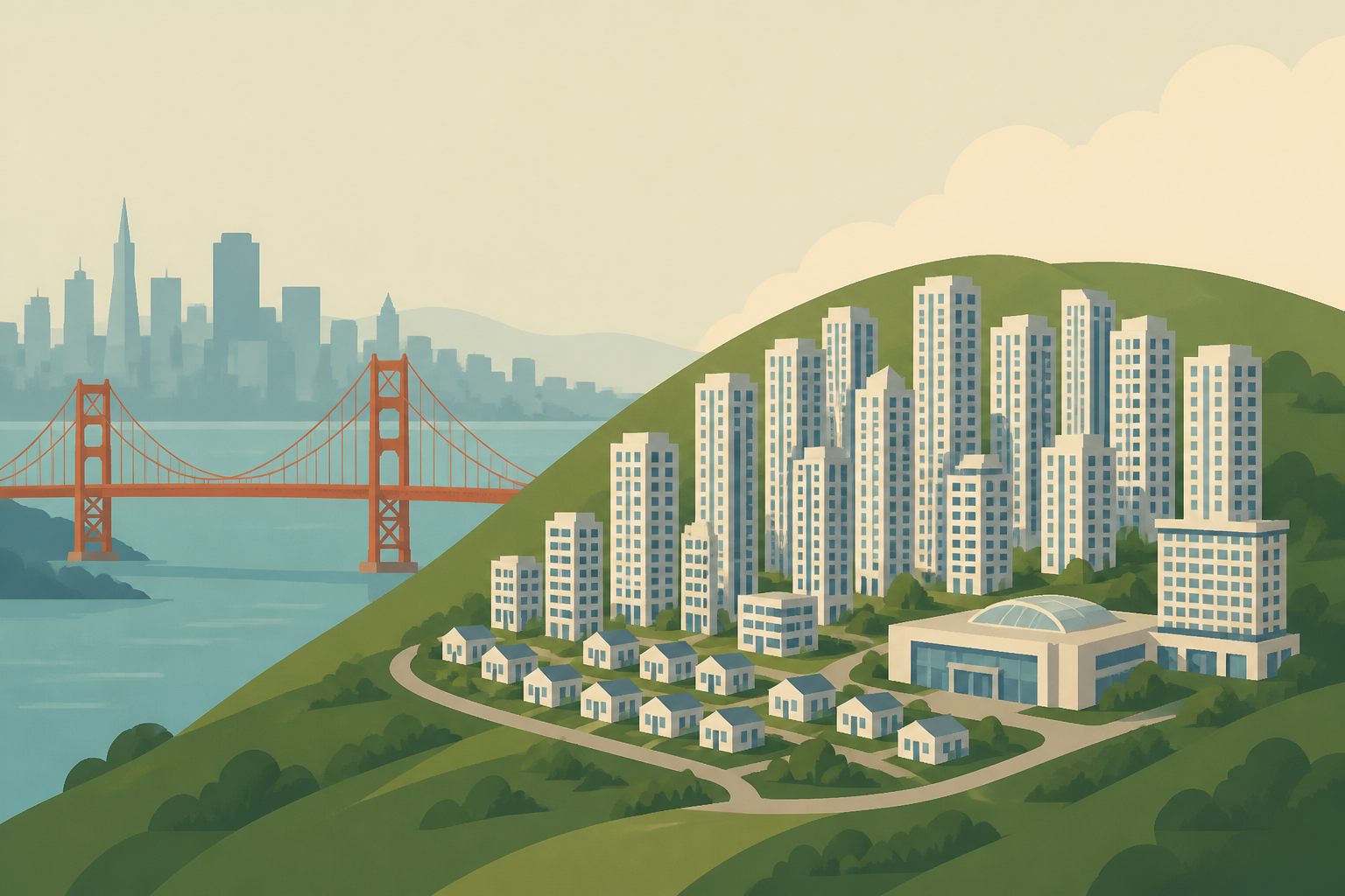 Developers planned a city of 30,000 people in the hills directly across the Golden Gate from San Francisco, with 50 apartment towers, hundreds of homes, a shopping mall and a luxury hotel — the projec