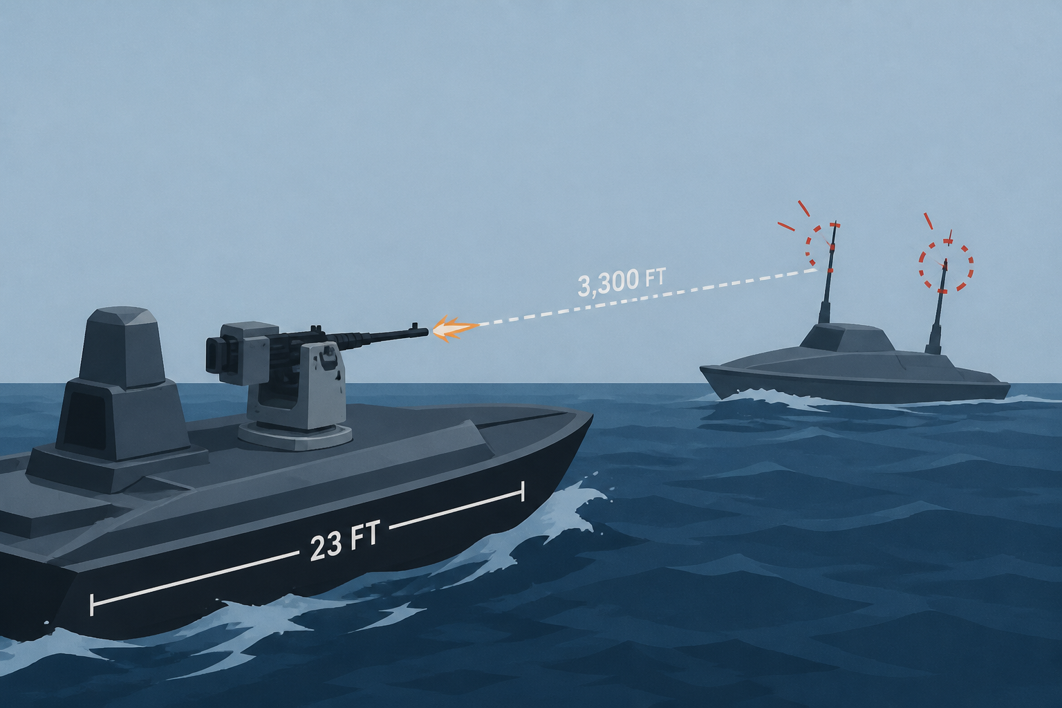 A 23-foot Ukrainian drone boat with a .50-caliber machine gun on a Norwegian remote mount ran down a Russian drone boat in the Black Sea, shot its antennas off from 3,300 feet so nobody could steer it
