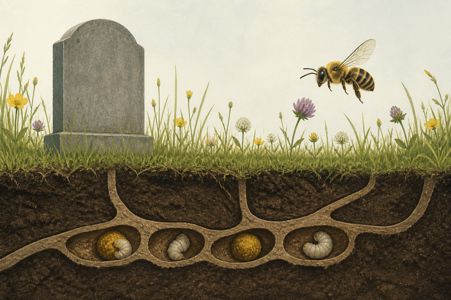 A 1.5-acre cemetery in upstate New York holds a bee population comparable in number to more than 200 honeybee hives, because roughly 5.5 million solitary mining bees nest beneath its lawns — each fema