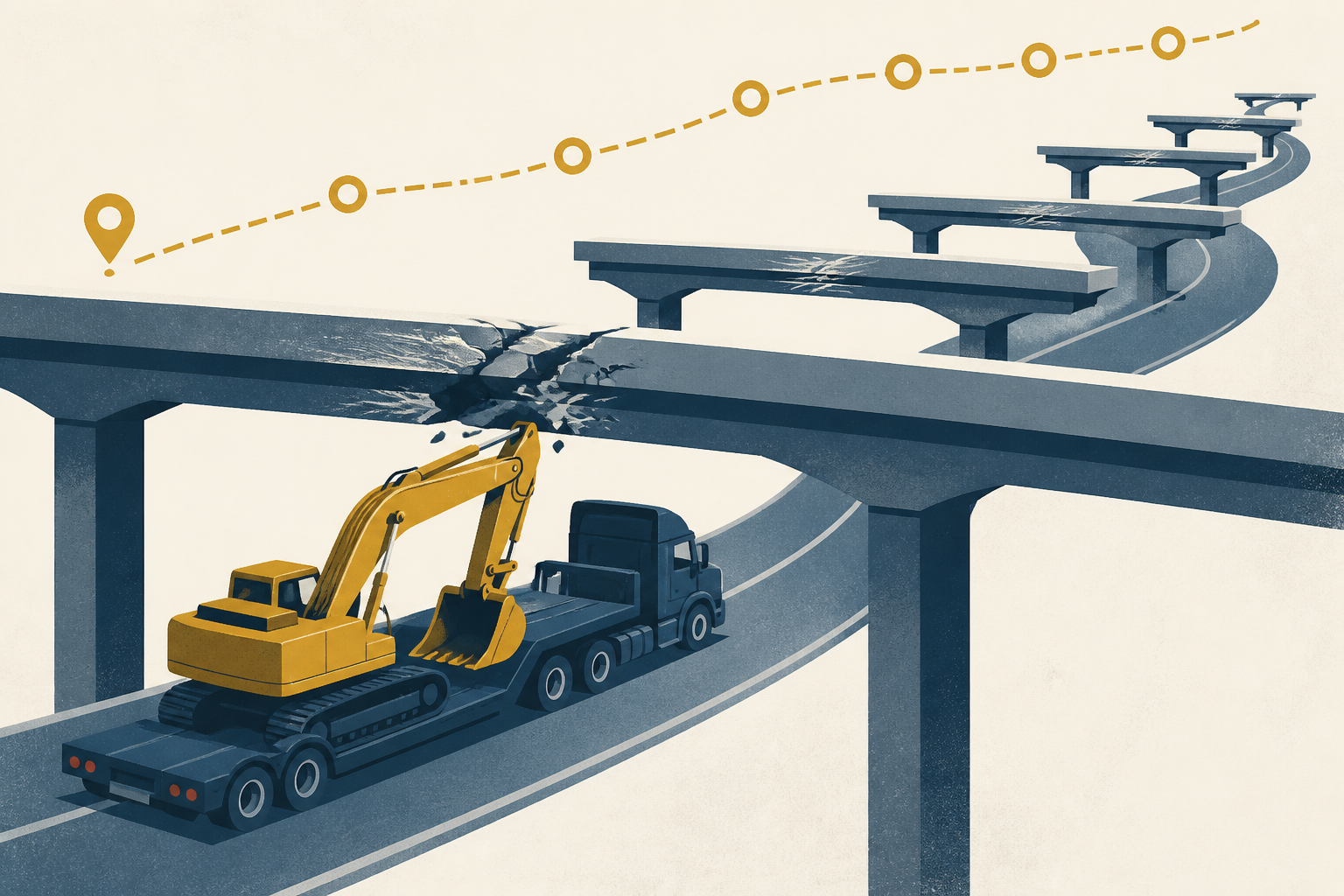 A driver hauling an excavator struck more than a dozen overpasses along 60 miles of the New York State Thruway. The driver did not stop or report it, only realizing the damage when troopers flagged hi