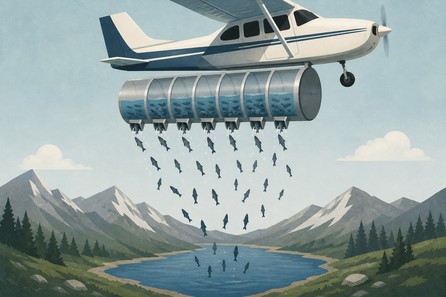 Young fish are dropped from a small airplane over Utah's mountain lakes, poured out of one tank divided into seven chambers so the fish fall the last stretch through open air. More than 300 lakes inac