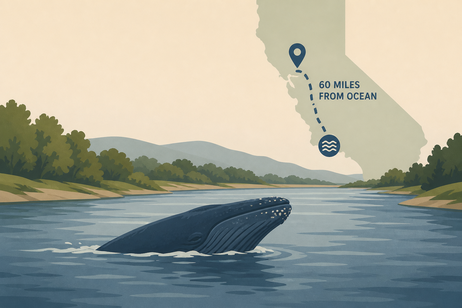 Whale seen surfacing in river 60 miles from ocean in Northern California