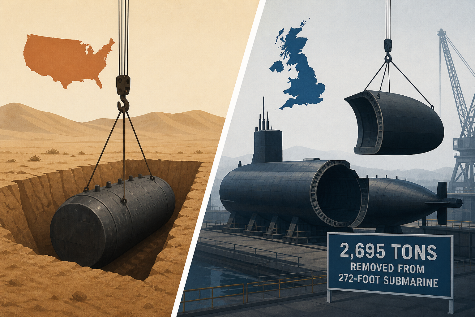 While the US Navy cuts the reactor block out of its old nuclear submarines and buries it whole in a desert trench, Britain has cut 2,695 tons off a 272-foot Cold War attack submarine in a Scottish dry