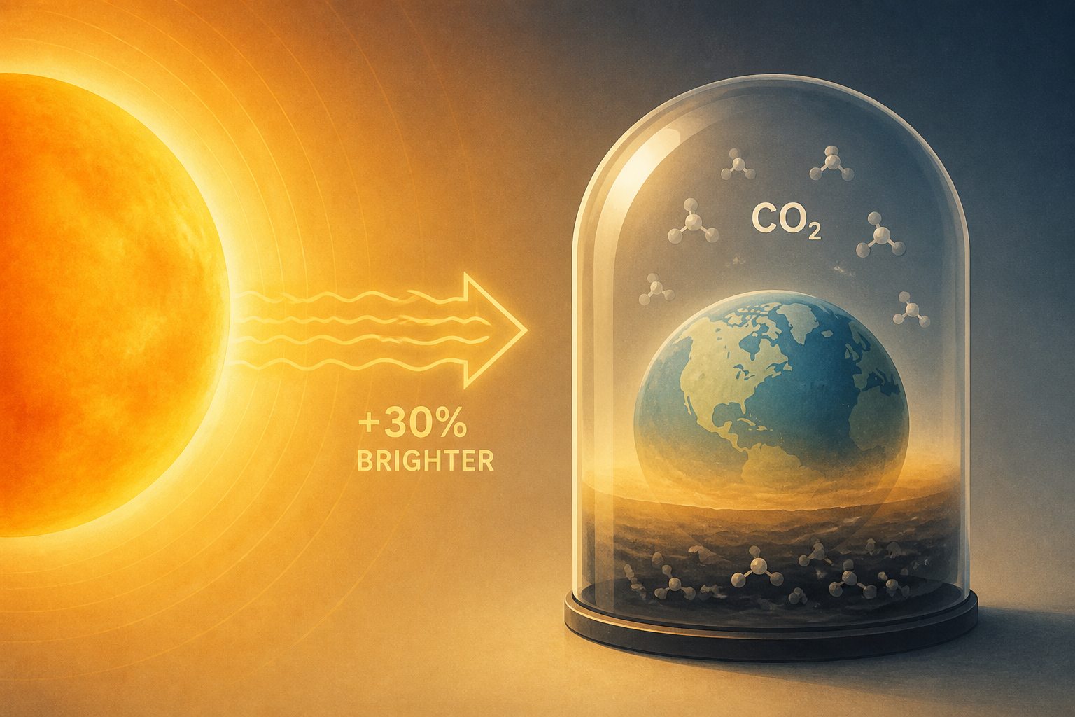 People think Earth dies when the Sun becomes a red giant in five billion years — the more likely end is a billion years from now, when a star already 30 percent brighter than at birth pushes CO₂ too l