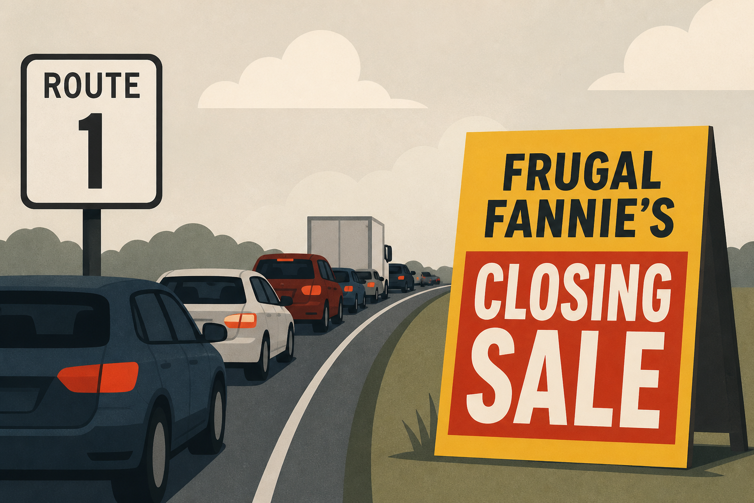 Traffic backed up onto Route 1 as Frugal Fannie’s closing sale begins