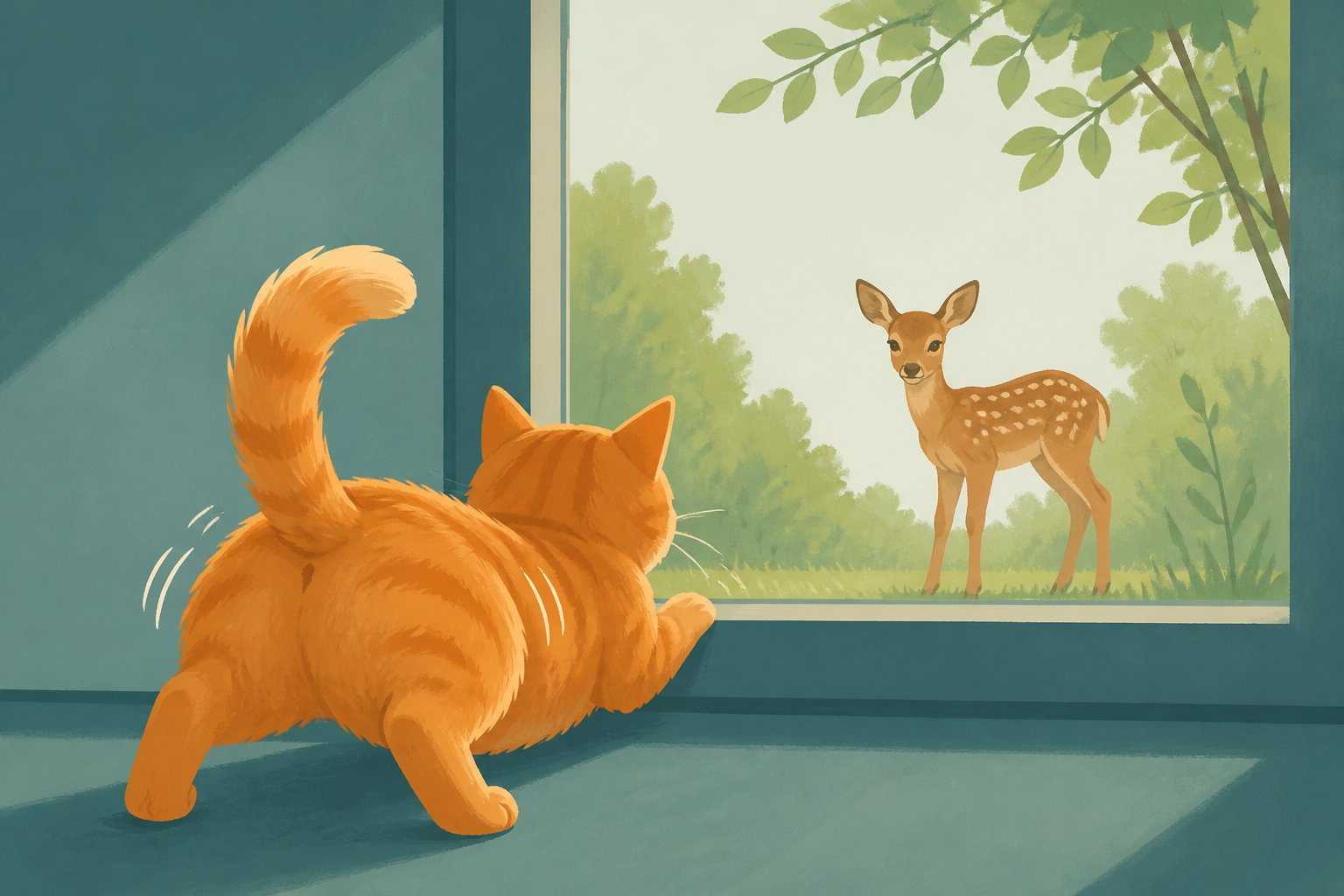 Watch This Orange Cat's Hilarious 'Wiggle Butt' as He Spots a Fawn Outside