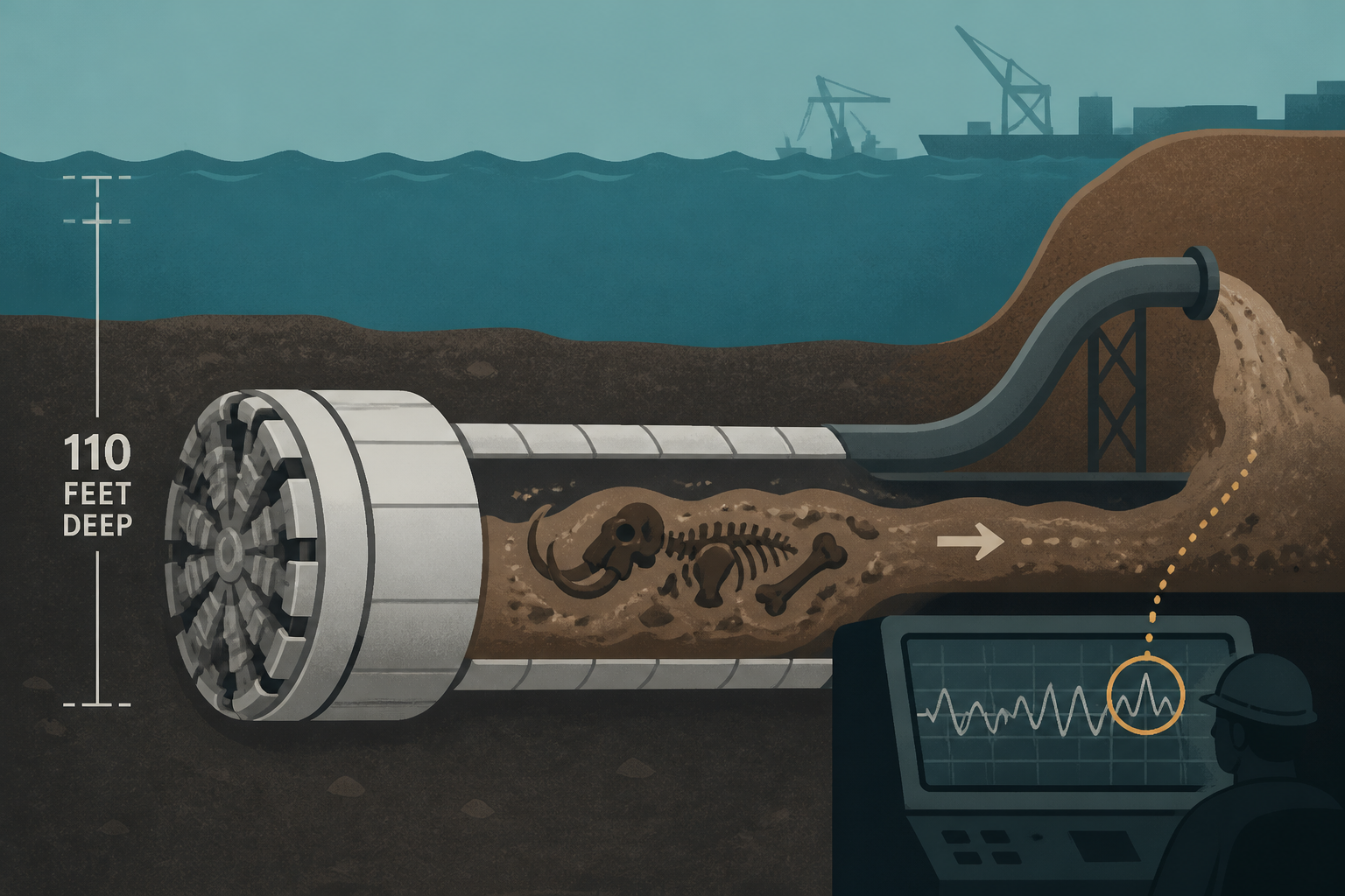 A 46-foot tunnel boring machine grinding 110 feet under a Virginia harbor chewed a mastodon loose from the seabed and pumped it toward land as slurry, and an operator watching the mud for metal spotte