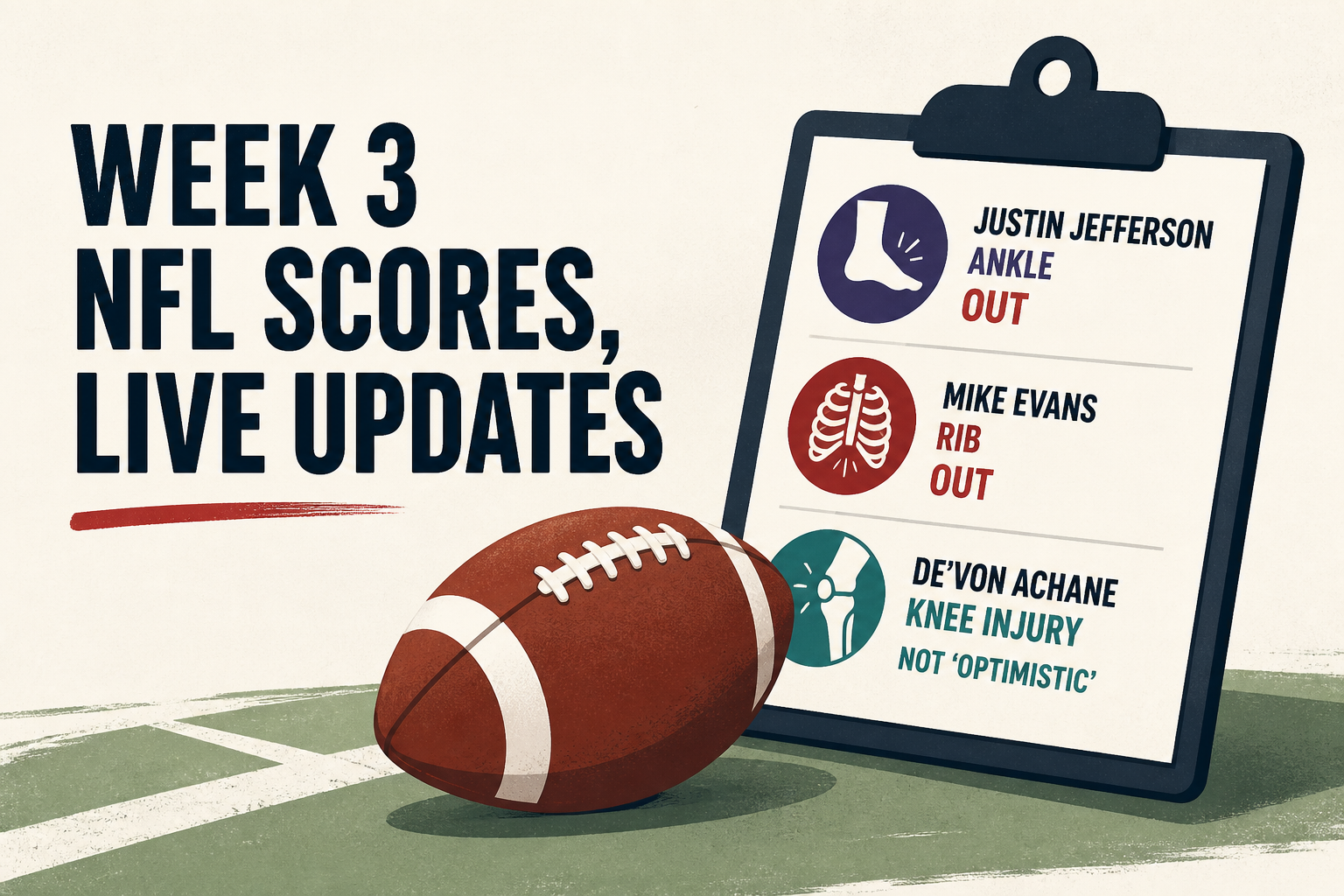 Week 3 NFL scores, live updates: Justin Jefferson (ankle), Mike Evans (rib) ruled out; Dolphins not 'optimistic' about De'Von Achane knee injury