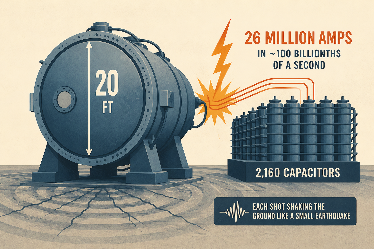 A 20-foot vacuum chamber in Albuquerque takes 26 million amps from 2,160 capacitors in about 100 billionths of a second, around 200 times a year, each shot shaking the ground like a small earthquake,