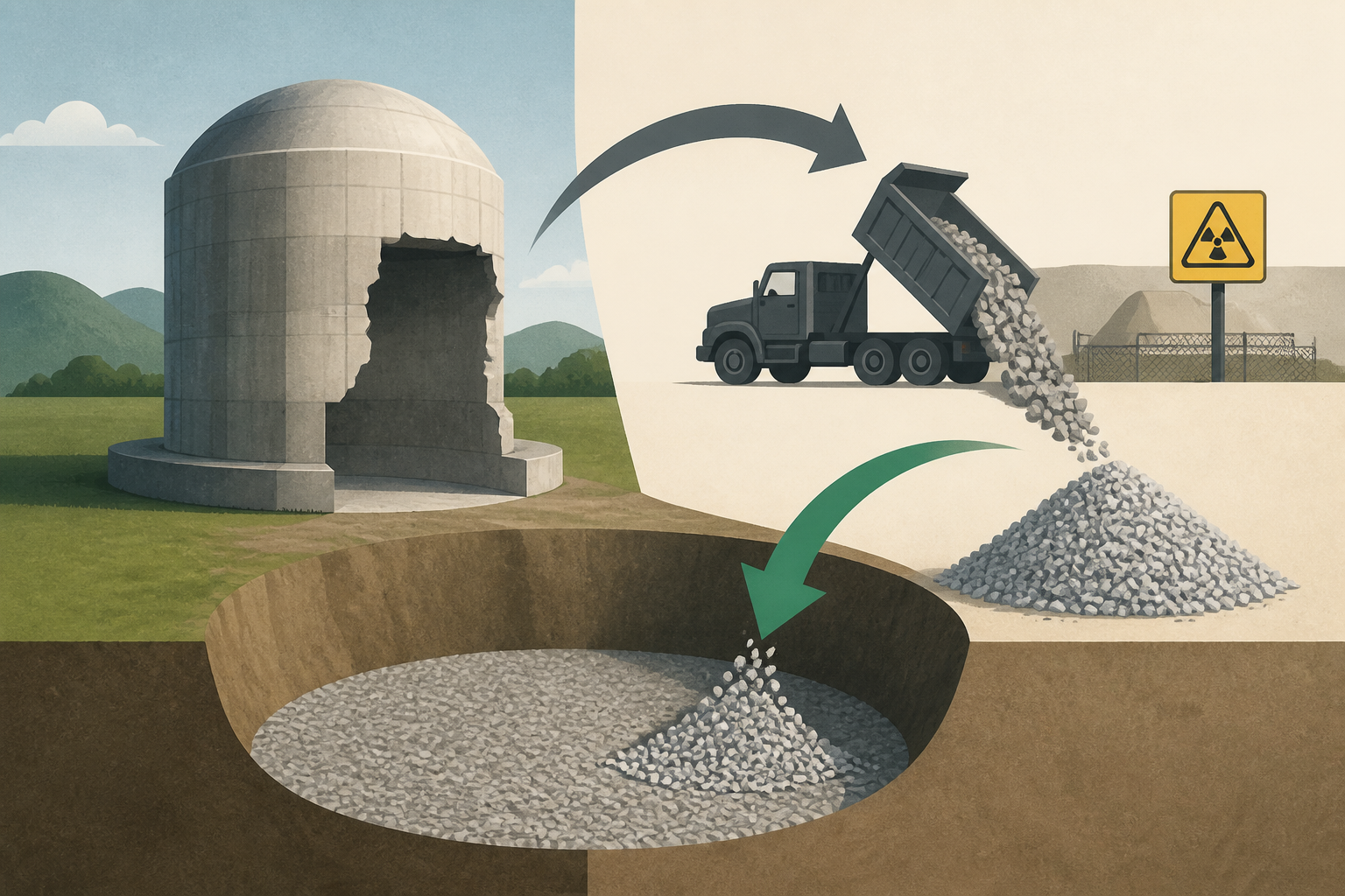 A nuclear plant’s reactor building left Vermont as 28,000 cubic yards of radioactive concrete bound for a Texas disposal site, and the hole gets filled with 28,000 cubic yards of clean crushed rock fr