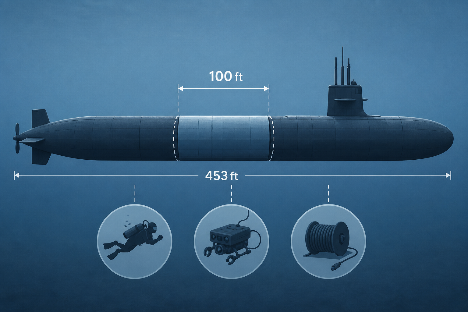 A 453-foot submarine stretched by a 100-foot section spliced into its middle has worked as the US Navy’s only special warfare support boat for 21 years, carrying divers, robots and cable-handling gear