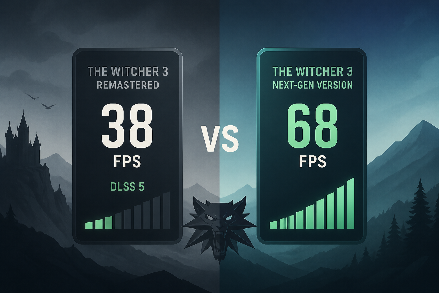 The Witcher 3 Remastered showed 38 FPS with DLSS 5 versus 68 FPS for the Next-Gen version